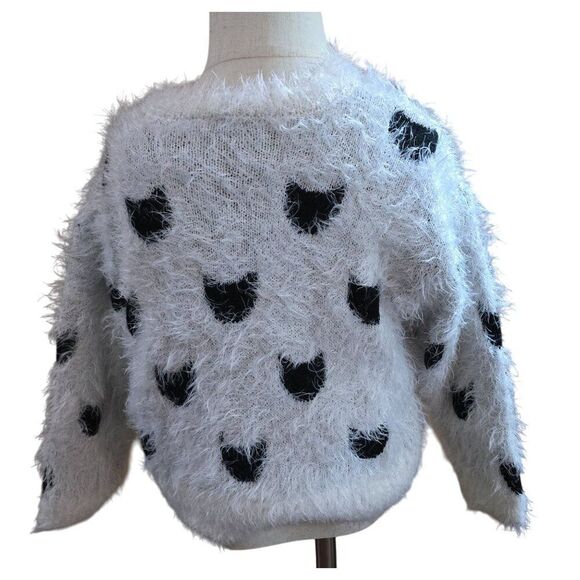 Fuzzy Kids Sweater Black Cat Faces By S. Oliver Size 5/6 Polyester White & Black - Picture 2 of 7